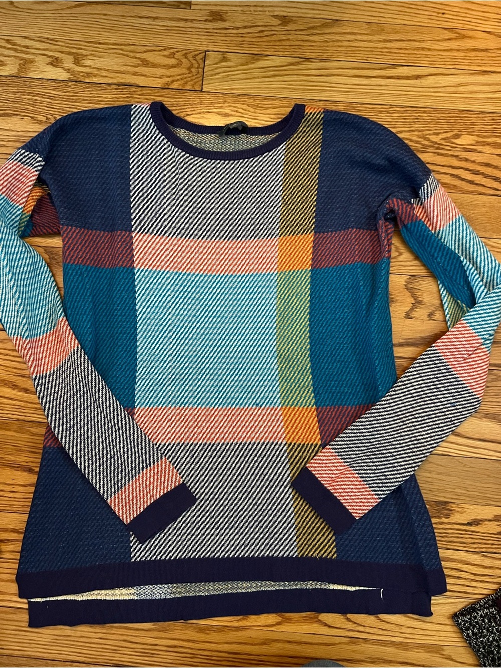 The Limited Multi-Color Plaid Crewneck Sweater - Teal, Navy & Coral